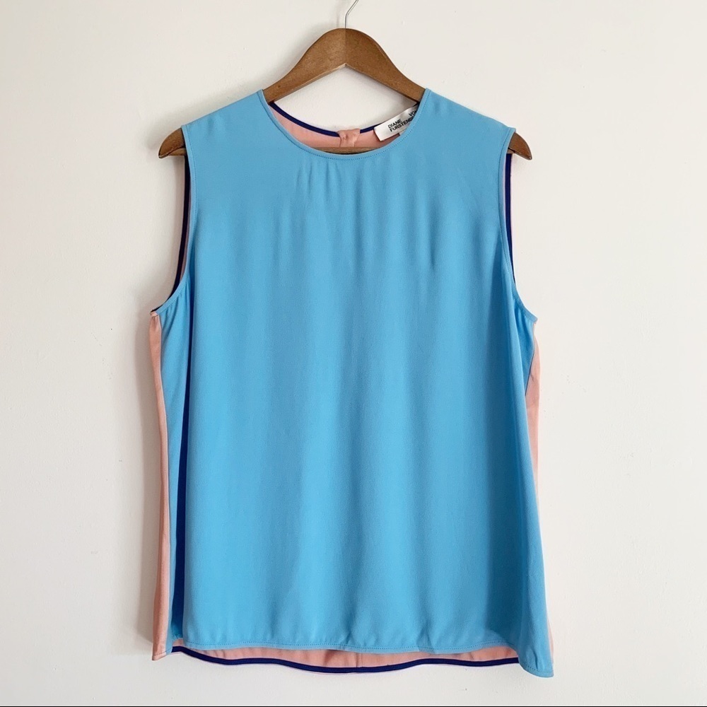 Diane Von Furstenberg Blue & Peach Colorblock Tank Top Large Summer Classic